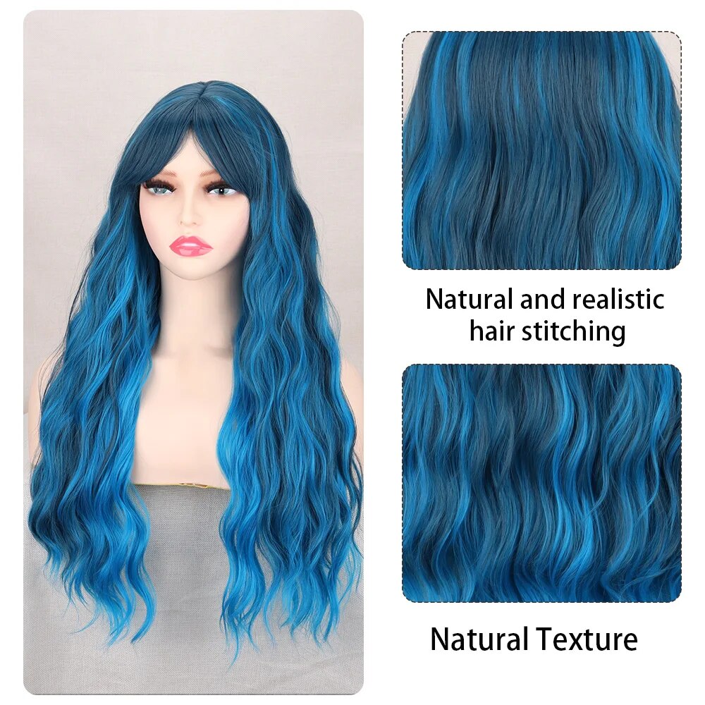 Long Blue Synthetic Wigs Natural Wavy With Bangs High Temperature Fiber Wigs for Women Cosplay Party Daily Wigs