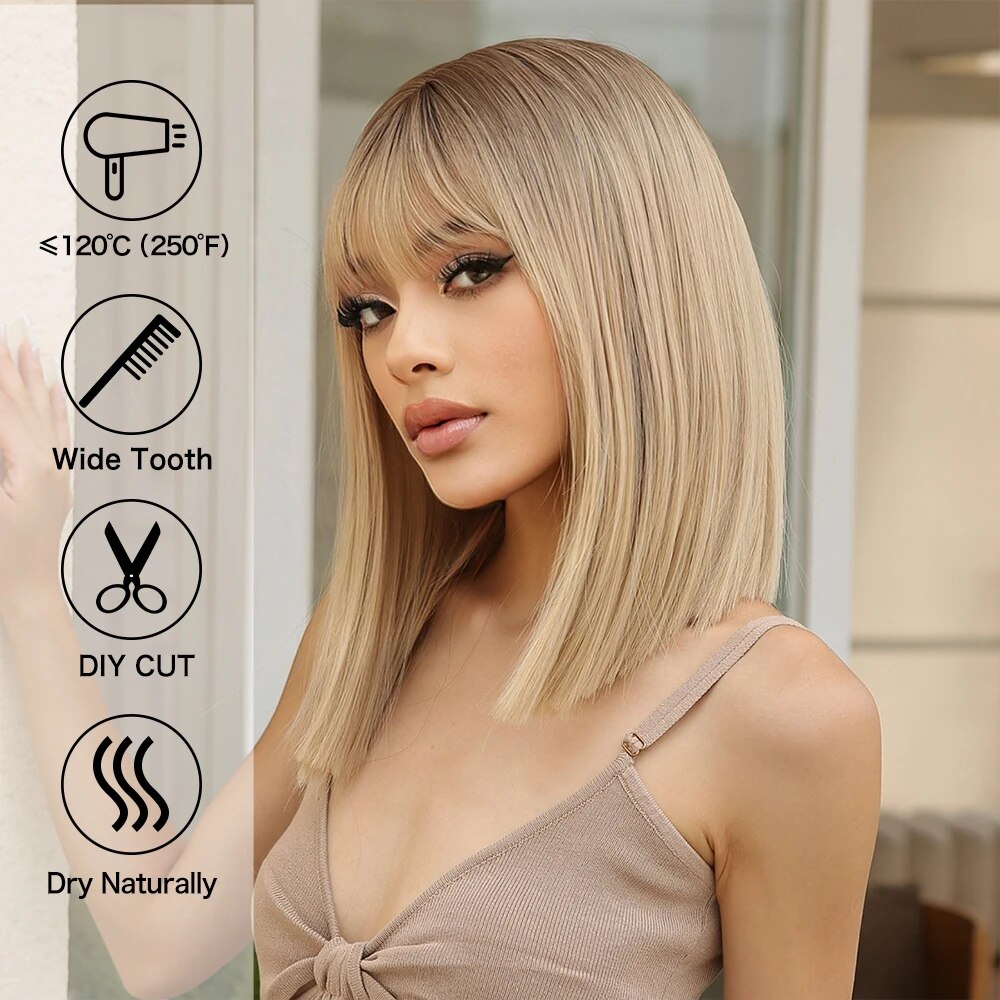 Short Straight Bob Gray Ash Blonde Synthetic Wigs with Bangs Natural Blunt Cut Hair Wig for White Women Daily Heat Resistant