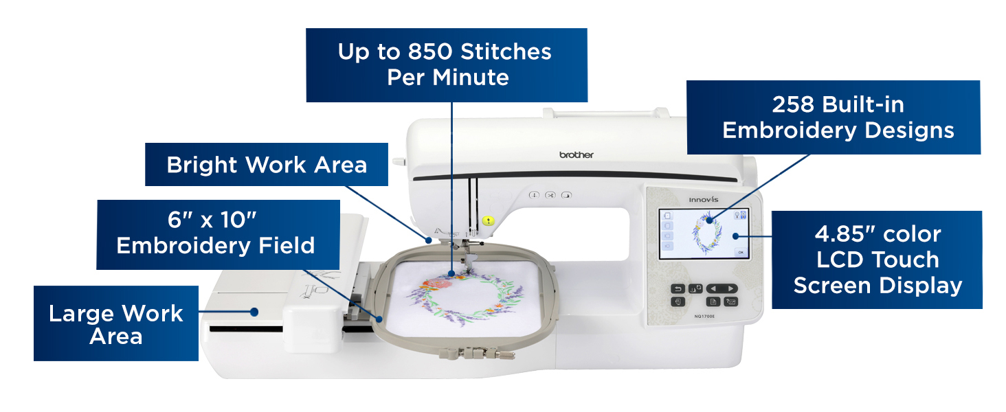 Brother NQ1700E: 850spm, 258 built-in designs, 6x10" embroidery field, 4.85" LCD touchscreen