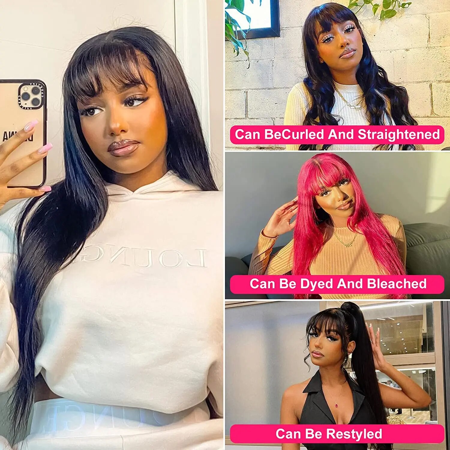 Full Machine Made Straight 100% Real Human Hair Wigs with Bangs for Black Women 200 Density Brazilian Hair Bangs Wig 40 Inches
