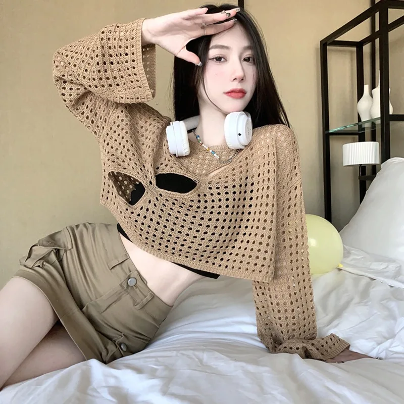 Mesh Loose See-through  Tops Knitted round Neck Women's Blouses
