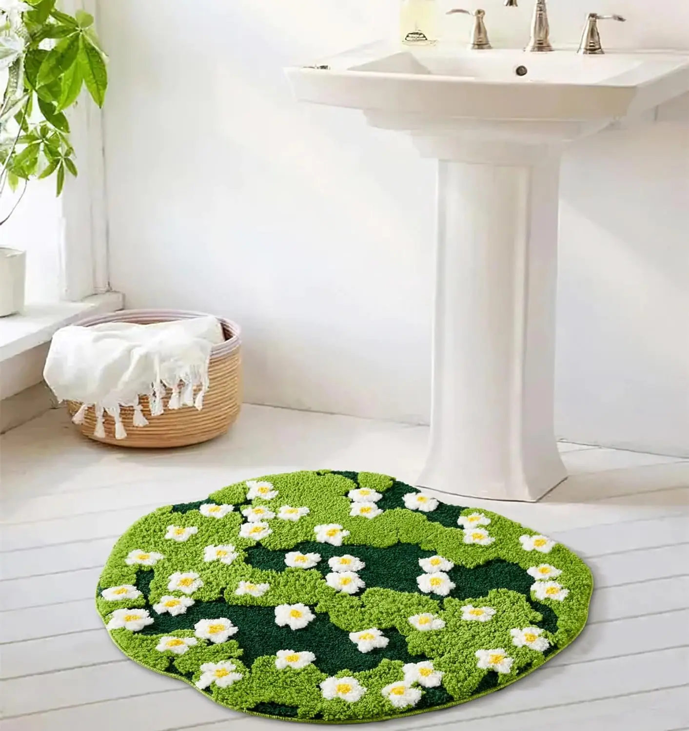Green Floral Large Bathroom Rugs Bath Mat Non Slip Washable Modern Microfiber Shaggy Tufted Moss Rugs Bedroom Nursery Bathroom
