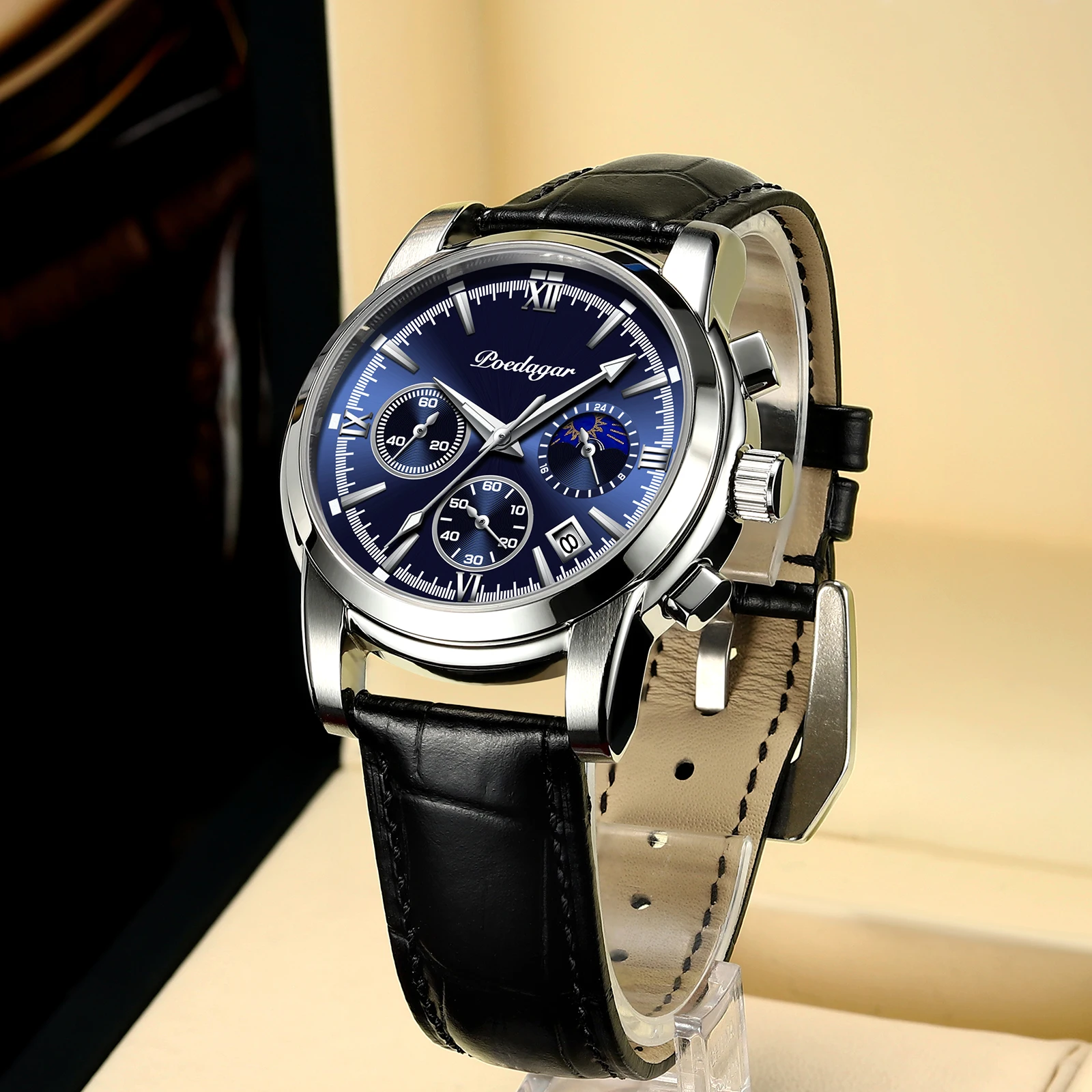 POEDAGAR 2021 Men Watches Leather Quartz Watches Top Brand Luxury Blue Wristwatch Waterproof Luminous Fashion Sport Clock