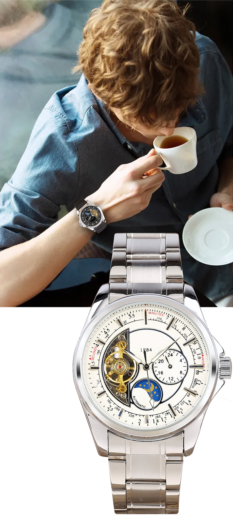 Hot sale wholesale Automatic Mechanical stainless steel Watches  Men Moon Phase function Watch