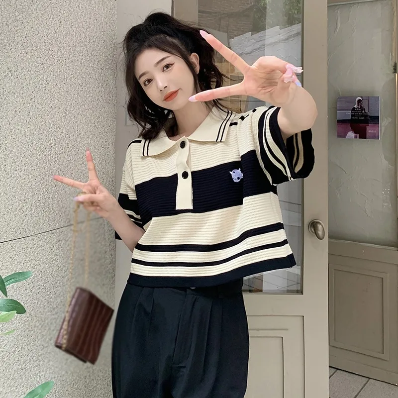 High Waist Ladies Striped Tops Embroidery Short Ice Silk Tees Short Sleeves Fashion Temperament Turn Down Collar T-Shirts