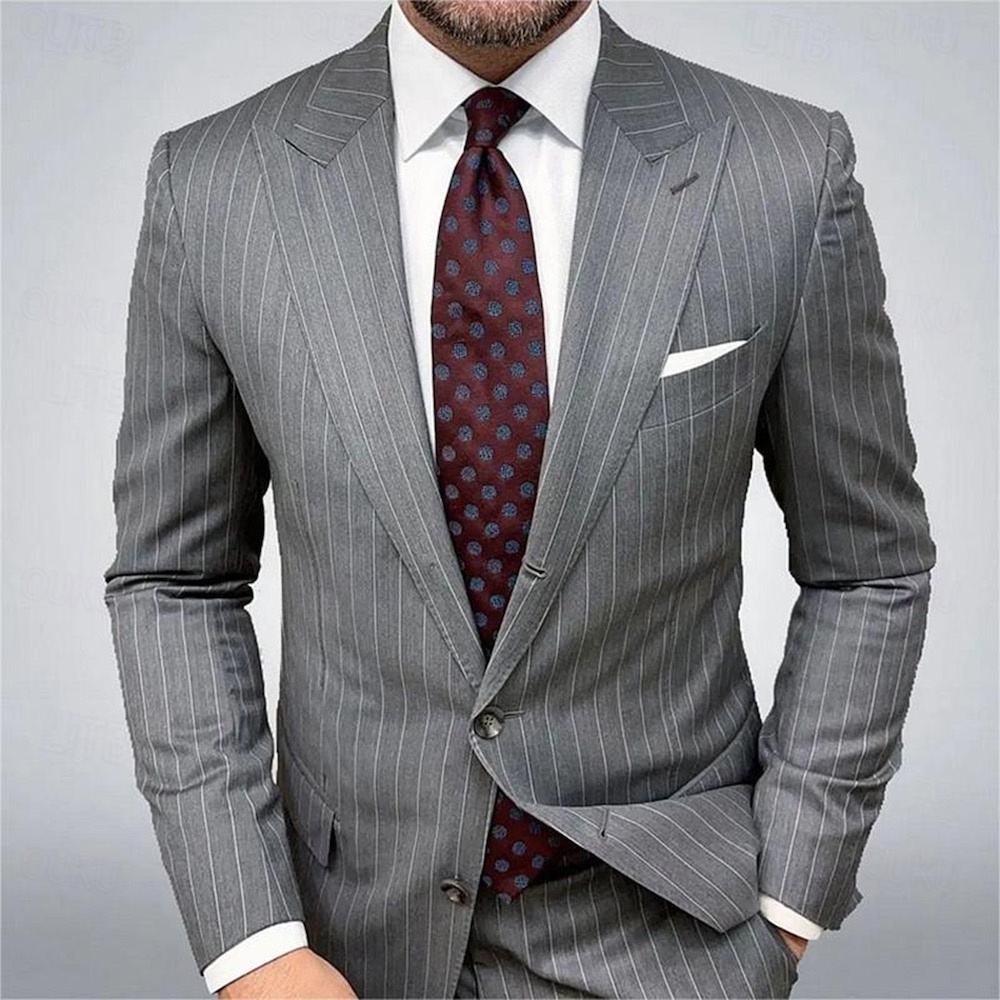 Men's Blazer Business Cocktail Party Wedding Party Fashion Casual Spring &  Fall Polyester Stripes Button Pocket Comfortable Single Breasted Blazer Blue Brown Gray 2024 - US $85.99 –P3