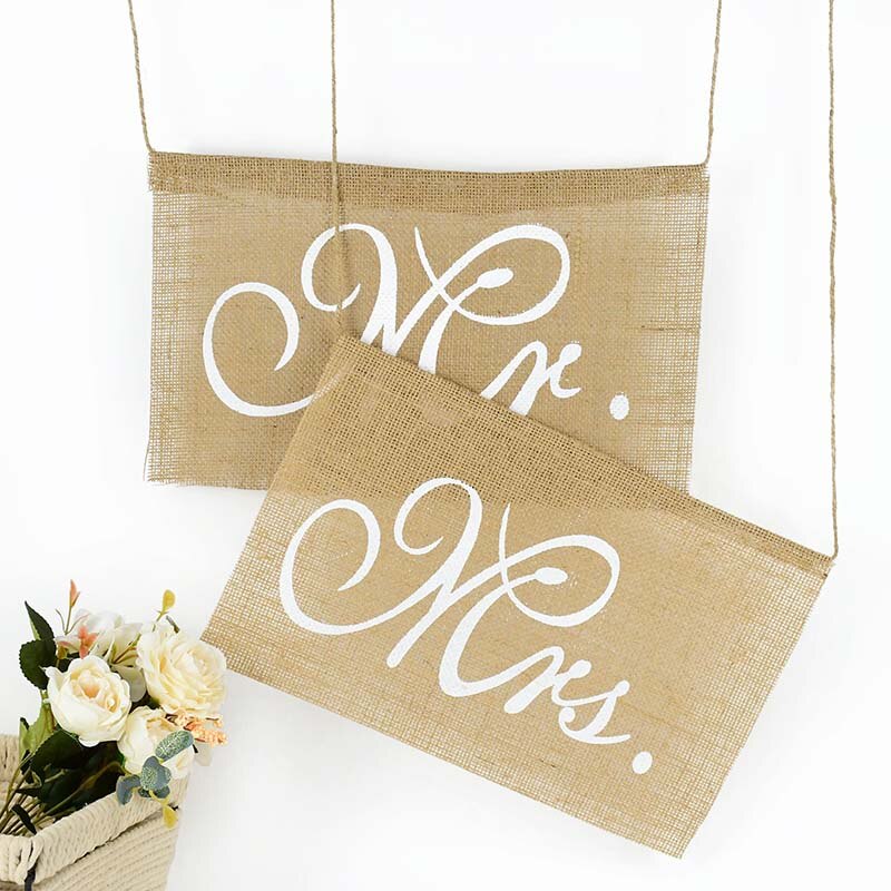 2Pcs/set Mr and Mrs Burlap Chair Banner Set Chair Sign Garland Rustic Groom Bride Burlap Photo Props Wedding Party Decoration