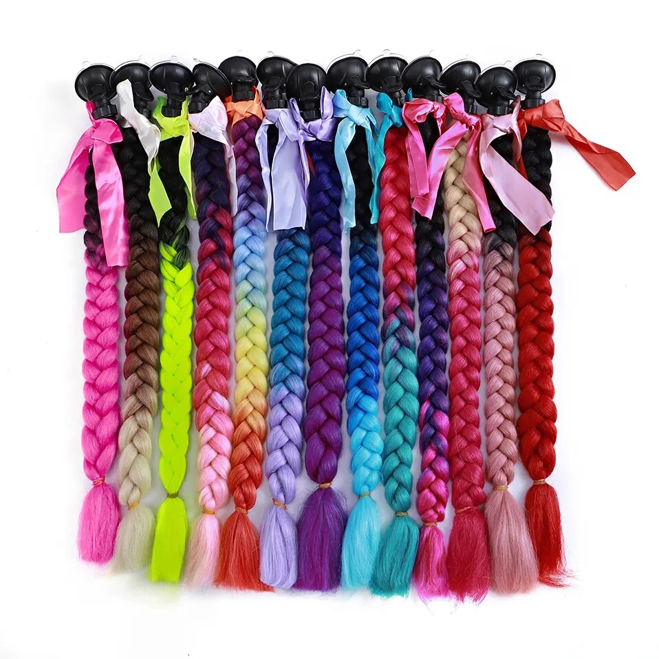 Benehair Helmet Pigtails Gradient Ramp Helmet Braids Ponytail Hair with Suction Cup with Bowknot for Motor Bike 1PCS 20inch