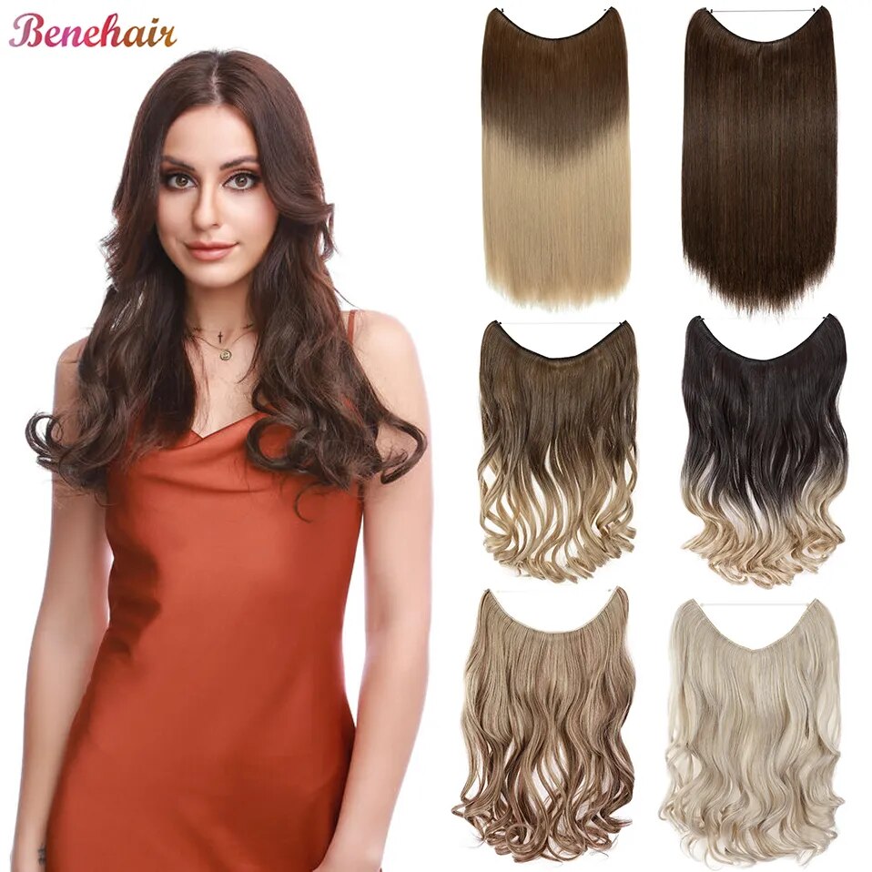 Synthetic Invisible Wire Hair Extensions with Transparent Fish Line Long Wavy Straight  Secret Adjustable Wire Hairpiece 20inch