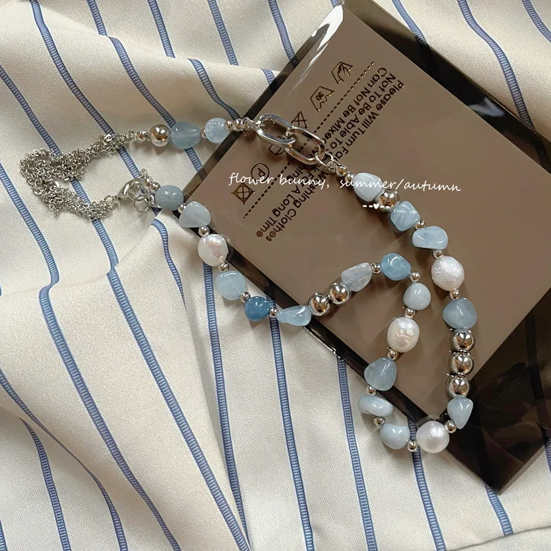 Aesthetic Blue Natural Stone Mix Freshwater Pearl Necklaces Summer Irregular Choker On The Neck Beads Exquisite Trend Jewelry