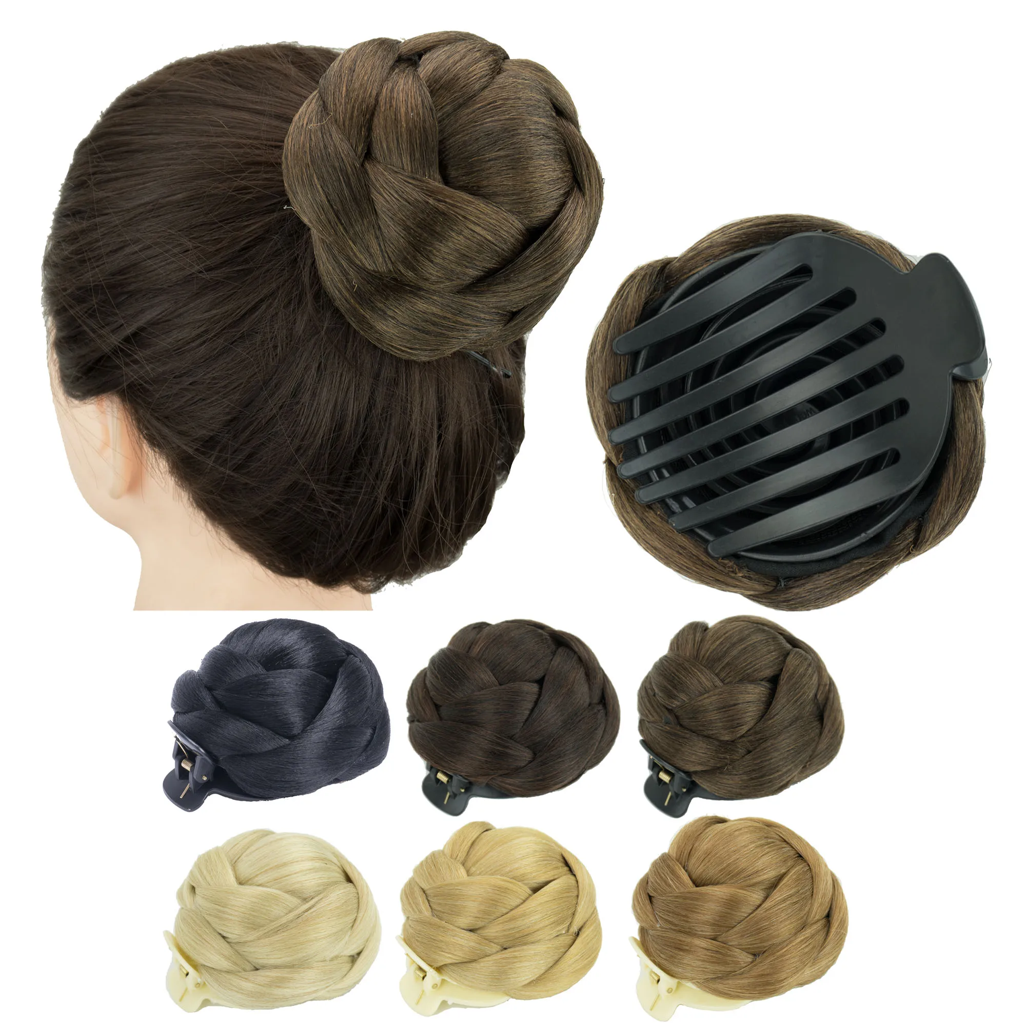 Soowee Synthetic Hair Braided Chignon Dancer Fake Hair Comb Clip Donut Scrunchie Claw Hair Bun Cover Updo for Women and Kids