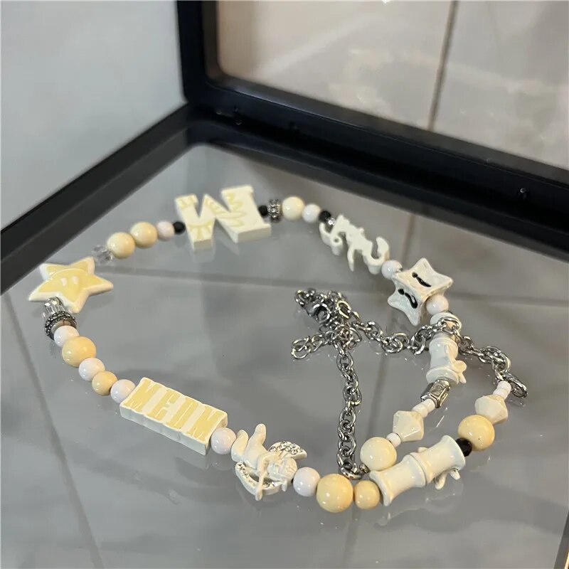 2023 New Original Bead Trendy Cool Alphabet Necklace Hip Hop Angel Lucky Star Item Guochao Couple Accessories