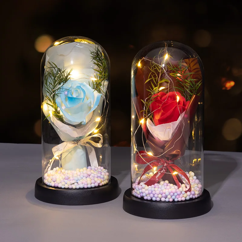 Glass cover soap rose carnation bouquet, Artificial flowers for home decoration, Valentine's Day gifts on Teacher's Day