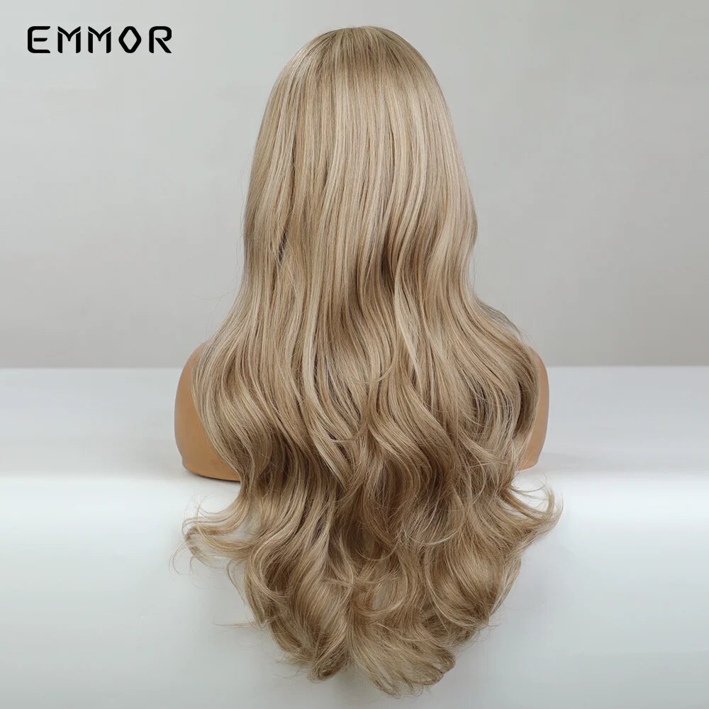 Emmor Synthetic Long Blonde Wavy Wigs for Women Hair Soft Natural Light Blond Wig with Bangs Heat Resistant Fiber Hair Wig