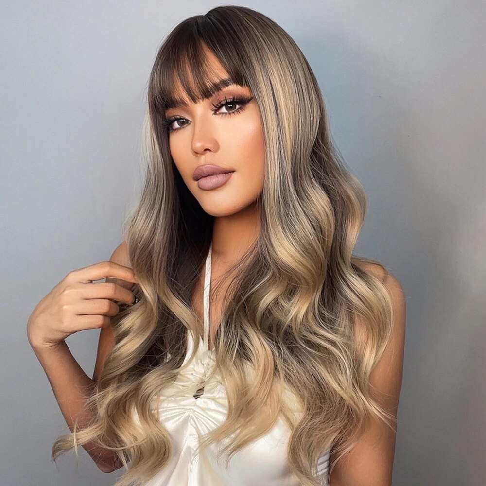Ombre Brown Gold Highlight Synthetic Wig for Black Women Long Wavy Cosplay Wig with Bangs Natural Daily Heat Resistant Hair