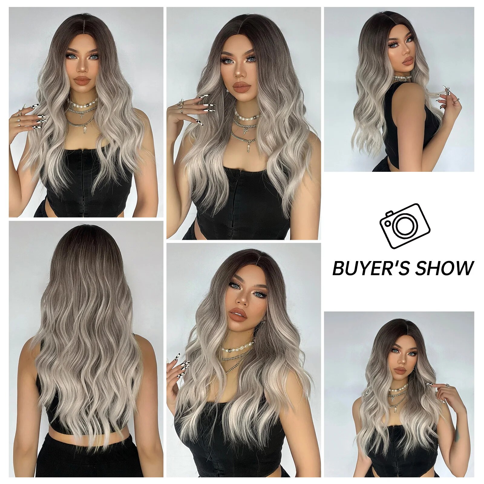 HENRY MARGU Ombre Gray Blonde Water Wavy Wig Natural Middle Part Synthetic Wigs Heat Resistant Fiber Women Daily Party Fake Hair