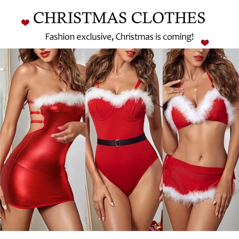 Christmas Erotic Costumes Women Sexy Lingerie Bra Skirt Thong Suit Plush Lace Tops Sex Cosplay Briefs High Waist Sexy Sleepwear