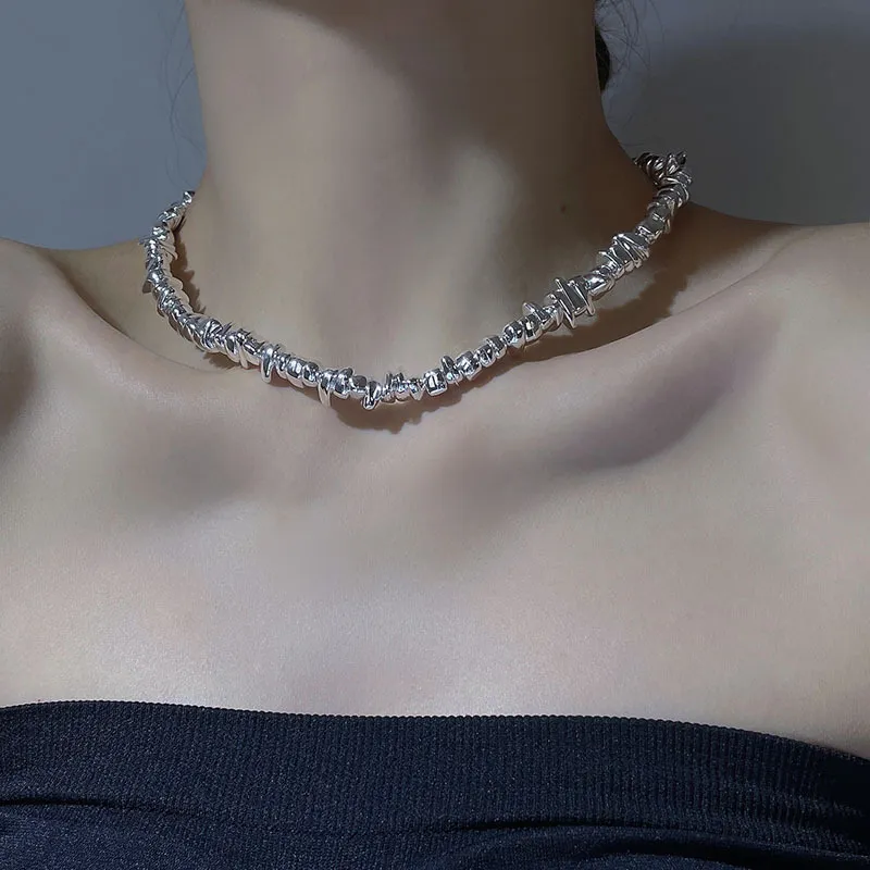 Fashion Silver Color Special-shaped Irregular Beaded Necklace Pearl Simple Temperament Collarbone Chain Hip-hop Trend