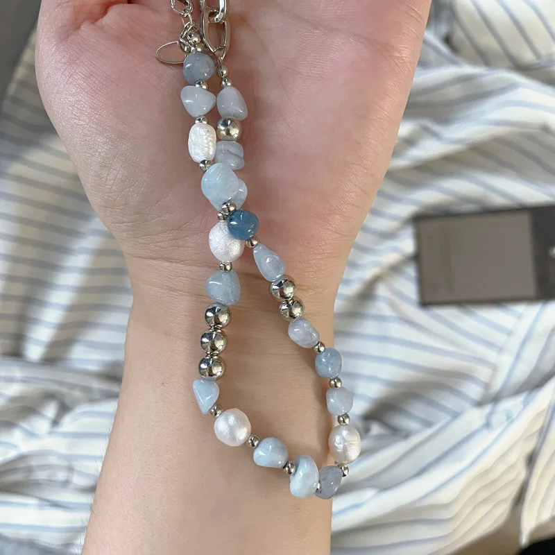 Aesthetic Blue Natural Stone Mix Freshwater Pearl Necklaces Summer Irregular Choker On The Neck Beads Exquisite Trend Jewelry