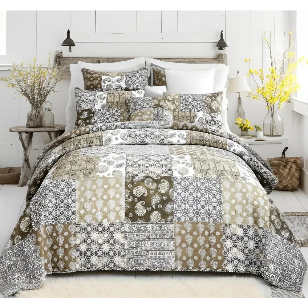 Duvet cover set bohemian cotton patchwork - Moroccan dream bedspread, durable and reversible, olive and brown filigree design