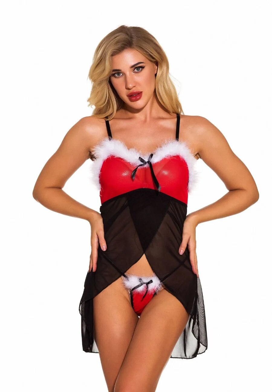 Women satin Christmas  Mesh Pajamas Lingerie Sexy Sets Sleep Dress Erotic Underwear Babydoll Porn Cosplay Teddy Sexy Clothes