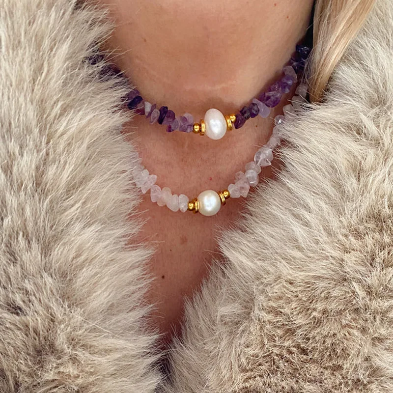 Women's handmade pink colorful irregular gravel face necklace fashion style round stone jewelry banquet party trendy charm