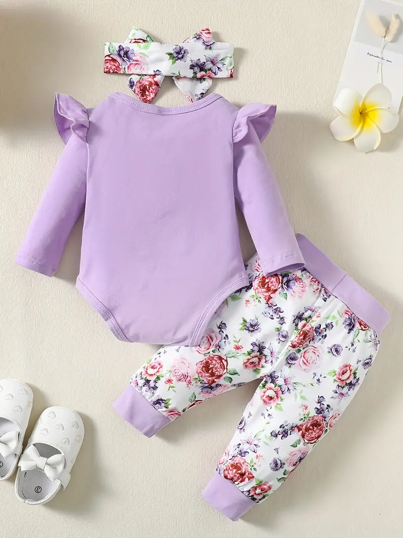 infant baby comfy cute outfit letter graphic romper floral print pants headband set details 37