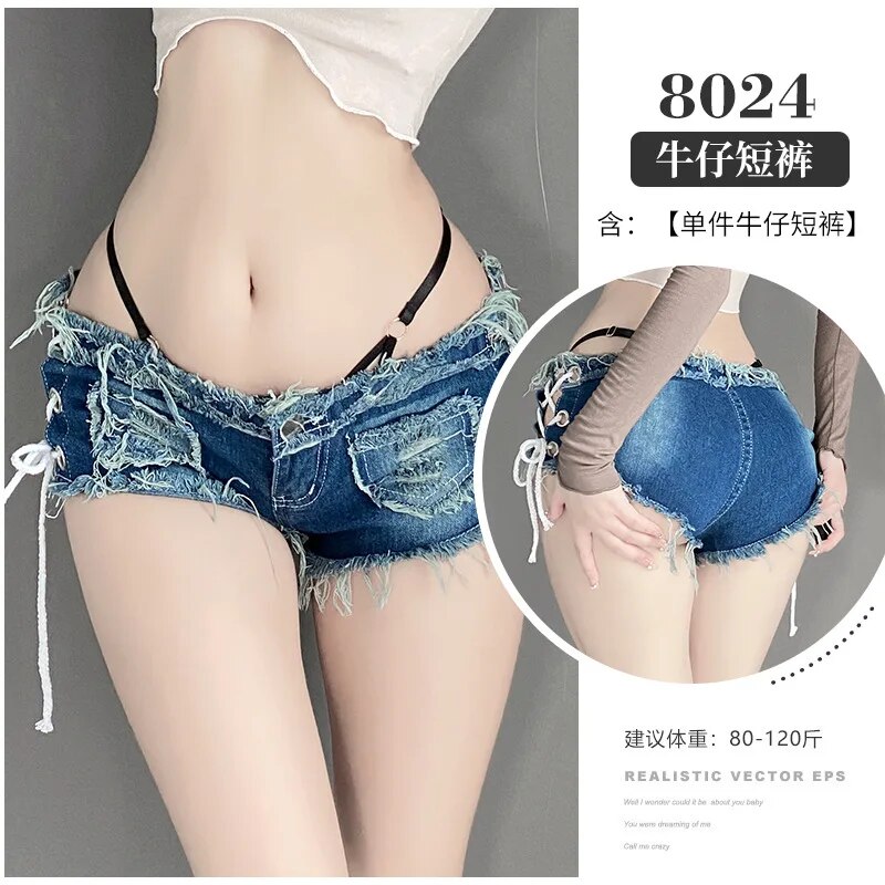 Fun Lingerie Women's Low Waist Open Cut Shorts Sexy Perforated Denim Shorts Nightclub Hot Temptation Lingerie Couple Fun