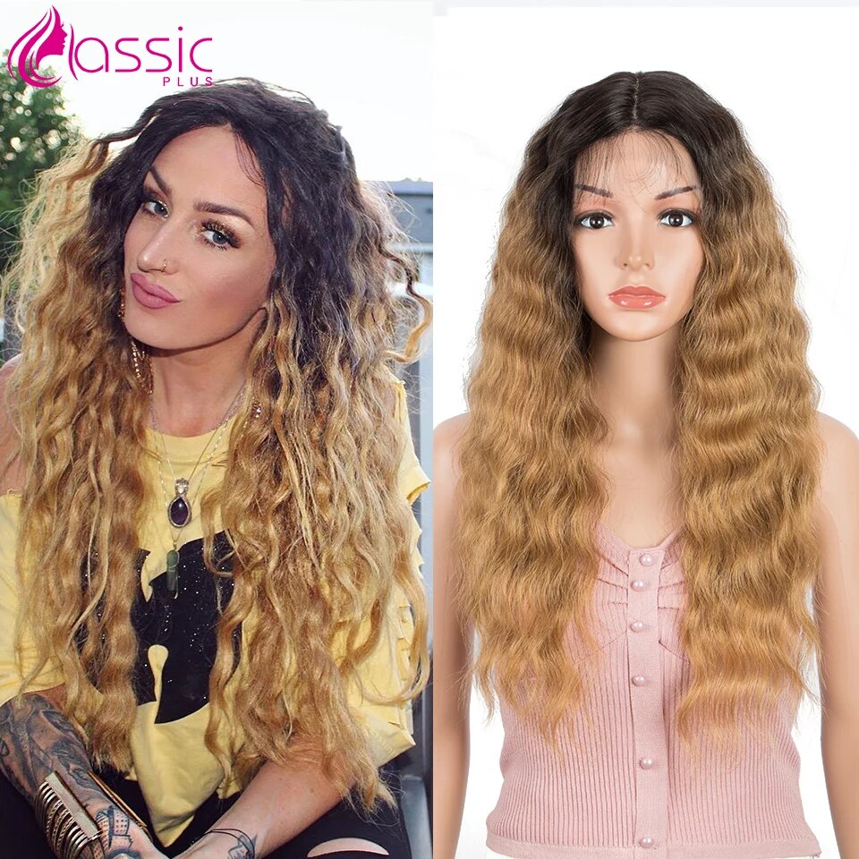 Classsic Plus Long Synthetic Wig High Quality 28 inch Wavy Natural Hair Ombre Blonde Lace Wigs Cosplay Female wig for Women