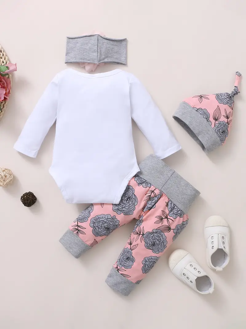 infant baby comfy cute outfit letter graphic romper floral print pants headband set details 14