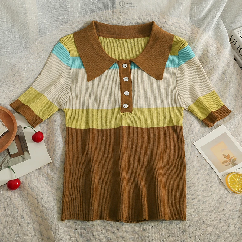 Pearl Diary Korean Version Contrast Color Stripe Turndown Collar Top Women Summer New Style Thin T-Shirt All-Match Knitting Top
