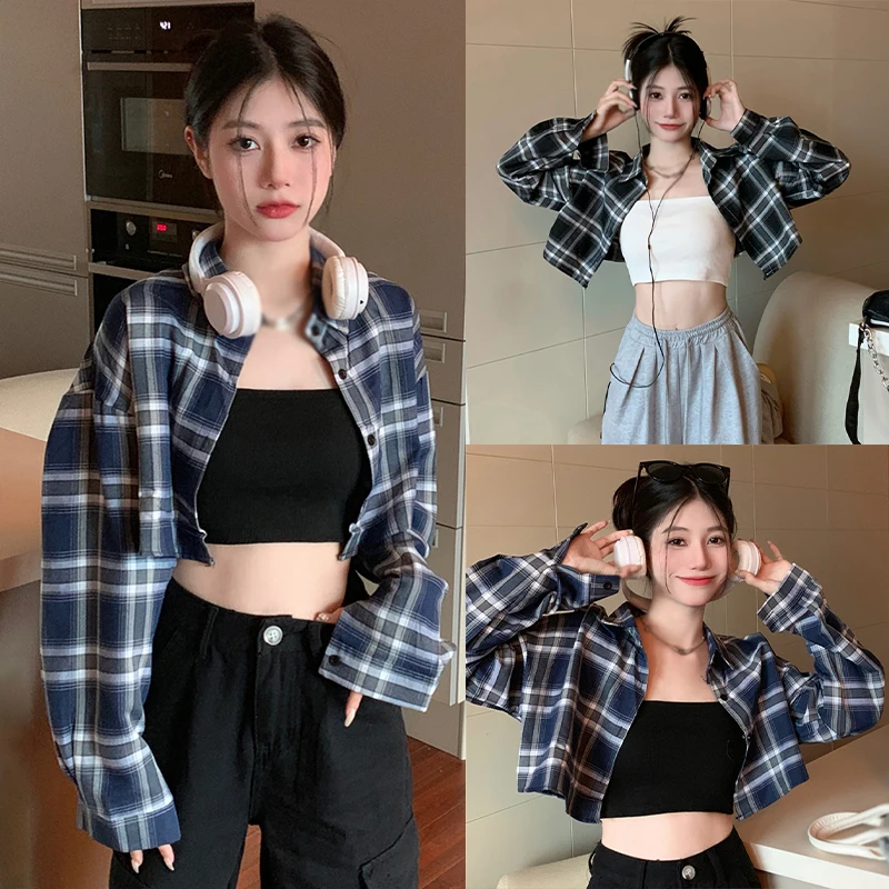 Women Casual Plaid Turn-down Collar Shirts Fall/Spring Girly Long Sleeve Loose Fit Versatile Cropped Blouse Ladies Leisure Top