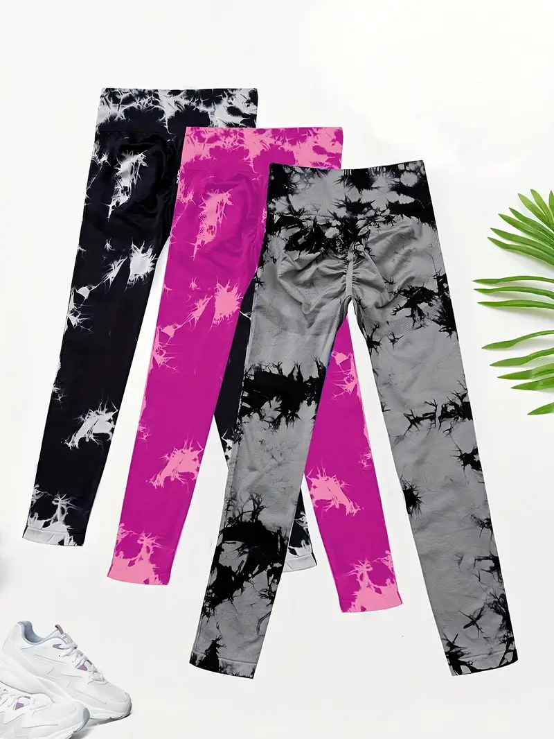 3pcs tie dye high waist sports leggings running workout fitness yoga tight pants womens activewear wide waistband details 22