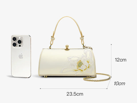 Embroidery Leather White Shoulder Bag Lotus Elegant Handbag