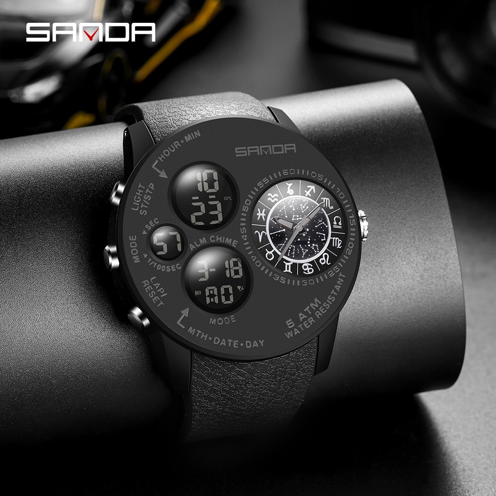 SANDA 2023 Fashion Outdoor Mens Watches Top Brand Military Sports Quartz Watch Dual Display Wristwatch Waterproof Clock 6036