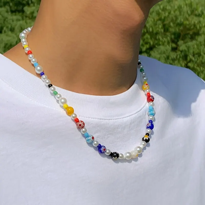 Boho Colorful Printed Simulated Pearl Chain Necklace Men Summer Vacation Vintage Handmade Beads Choker Y2K Jewelry Accessories