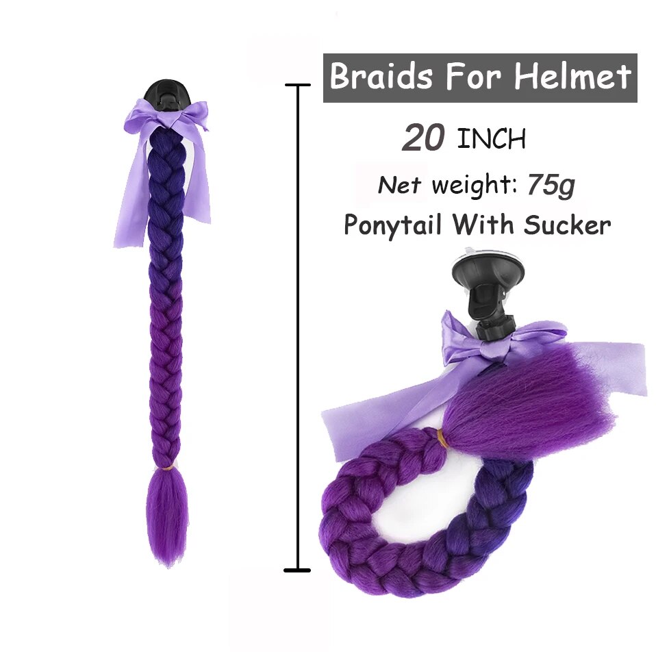Benehair Helmet Pigtails Gradient Ramp Helmet Braids Ponytail Hair with Suction Cup with Bowknot for Motor Bike 1PCS 20inch