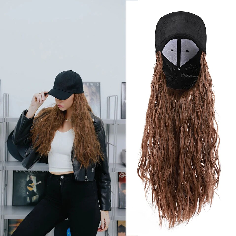 Benehair Synthetic Fluffy Wavy Hair Cap Wigs Straight Baseball Bob Wig Curly Hairpieces Adjustable Wig for Women Girls