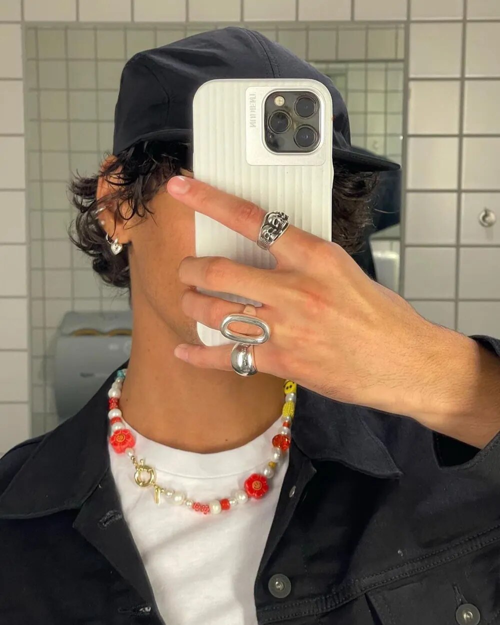 Y2K Fashion Rainbow Gradient Smiley Face Bear Flower Necklace Natural large Pearl Beaded Necklaces For Women And Men  Choker, Gi