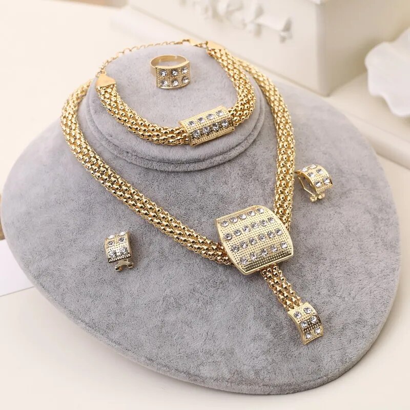Dubai Gold Plated Jewelry Sets Nigerian Wedding African Beads Crystal Bridal Jewellery Set Rhinestone Ethiopian Jewelry parure