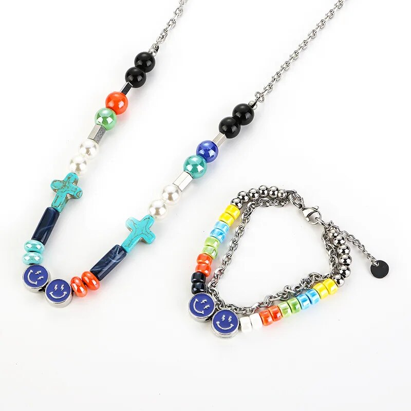 2023 New Street Ceramic Pearl Cross Smile Necklace Trendy Beaded Nightclub Jewelry Gift for Men and Women