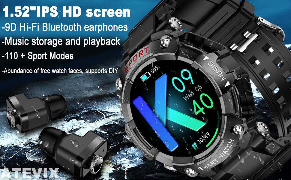 Military smartwatch with Bluetooth earplugs