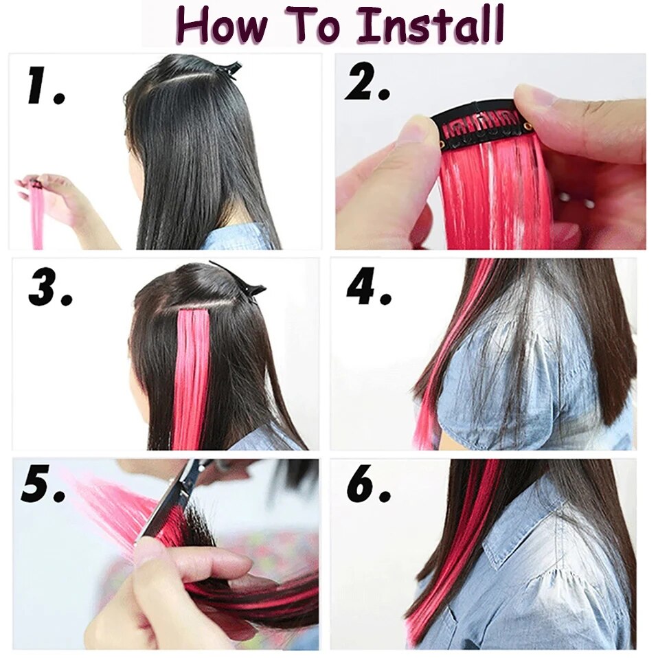 Benehair Synthetic 24inch Colored Long Straight Chip In Hair Extensions Highlight Rainbow Hair Clips Grey Blue Purple Hairpieces