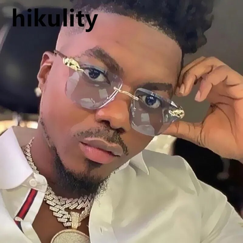 2023 New Fashion Cutting Rimless Square Leopard Sunglasses For Men Vintage Alloy Brand Hip Hop Sun Glasses Women Gradient Shades