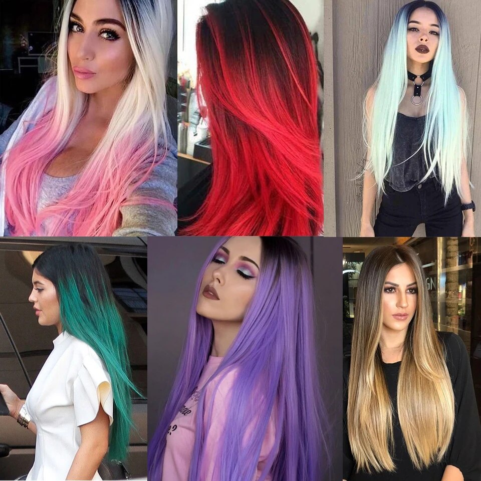 LUPU Synthetic Miss African American Sister with Long Straight Hair, For Girl Pink Mixed Gold Long Hair Wig Heat Resistant