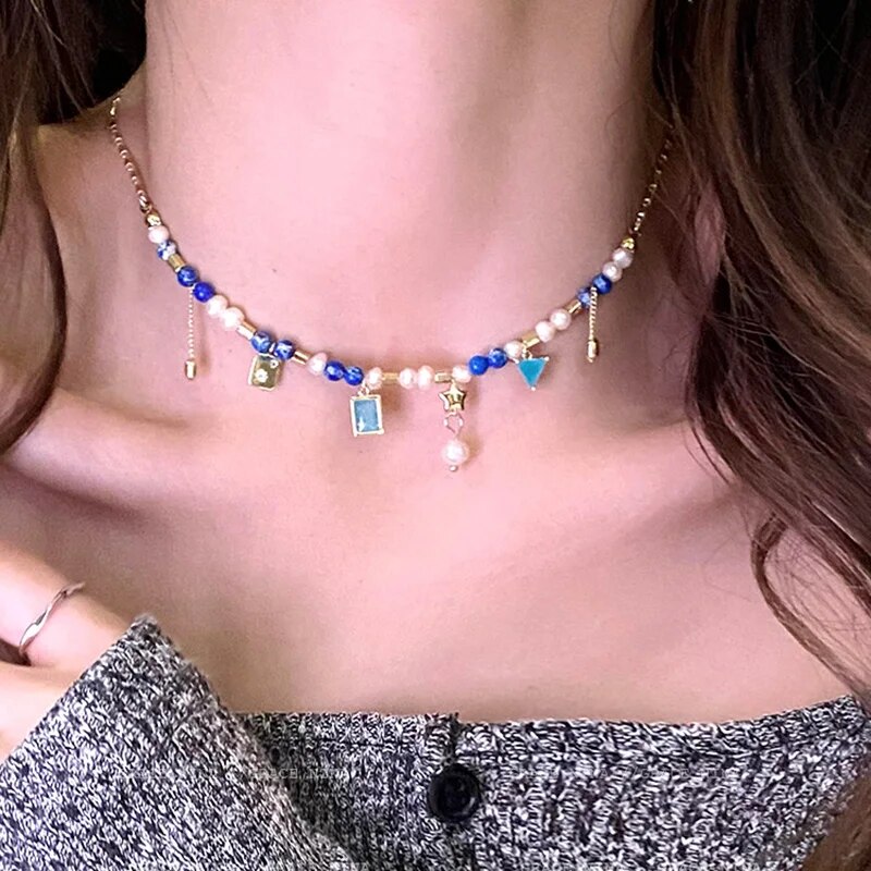 Korean Original Design Klein Blue Beaded Freshwater Pearl Necklace Women Retro New Ins Style Necklace Female Fashion Jewelry