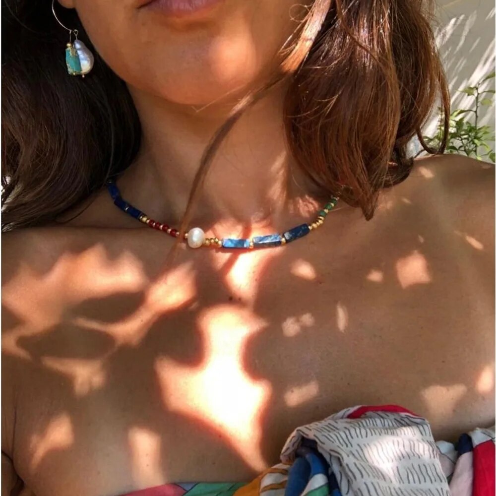 Boho Natural Stone Pearl Seed Bead Choker Necklace for Women Vintage Bohemia Summer Beach Fashion Necklace Party Jewelry Gift