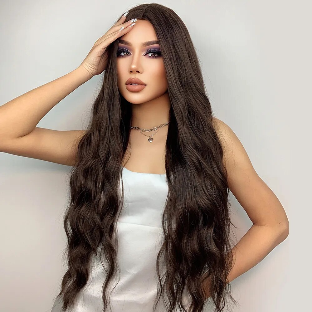 HENRY MARGU Long Brown Wavy Synthetic Wigs Middle Part Natural  Curly Wig for Black Women Cosplay Daily Heat Resistant Fake Hair