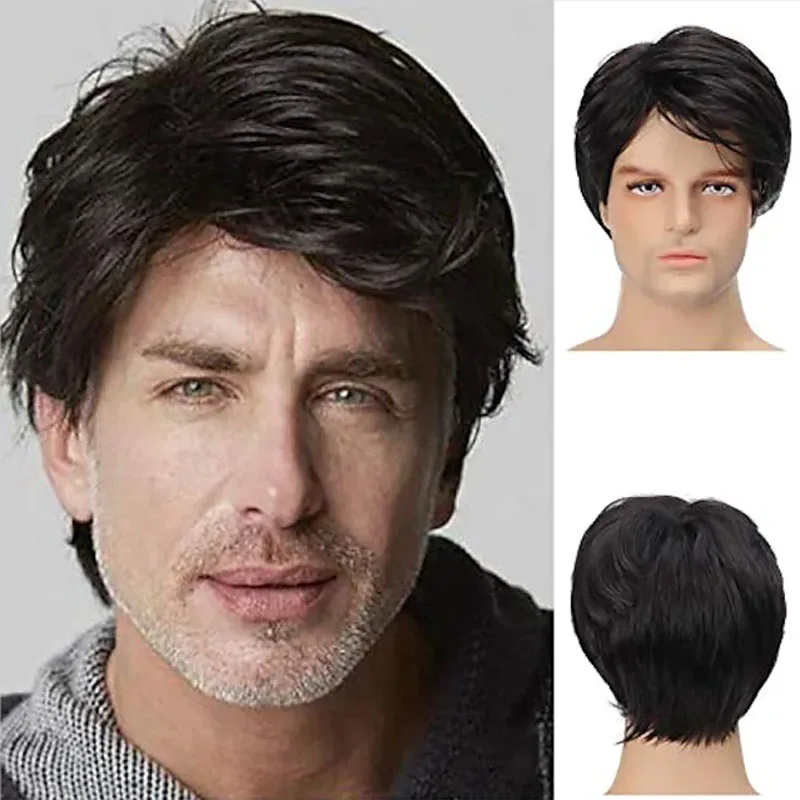 HAIRJOY Man Synthetic Hair  Brown Short Layered Wig  Male  Curly  Wigs
