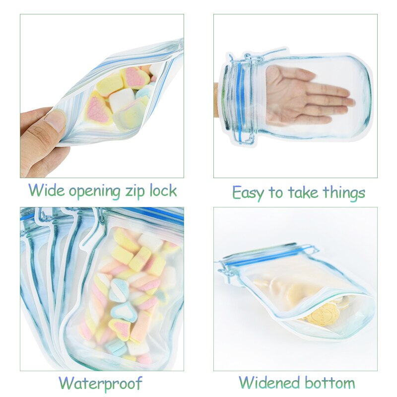 5/10pcs Reusable Mason Jar Bottles Bags Stand-Up Food Storage Snack Candy Bags Zipper Bag Portable Kitchen Organizer Sealed Bag